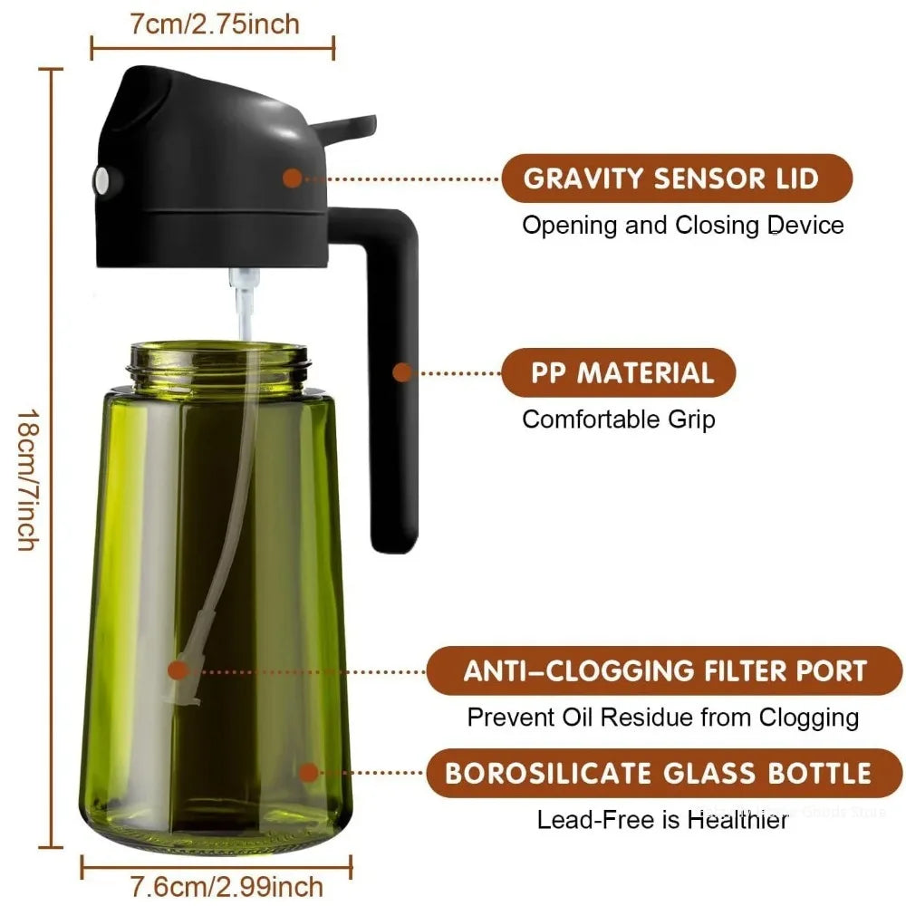16oz/470ML Lichtundurchlässiger Dunkler Öl-Sprüher für Kochen – 2-in-1 Olivenölspender Flasche aus Dunkelgrünem Glas für die Küche