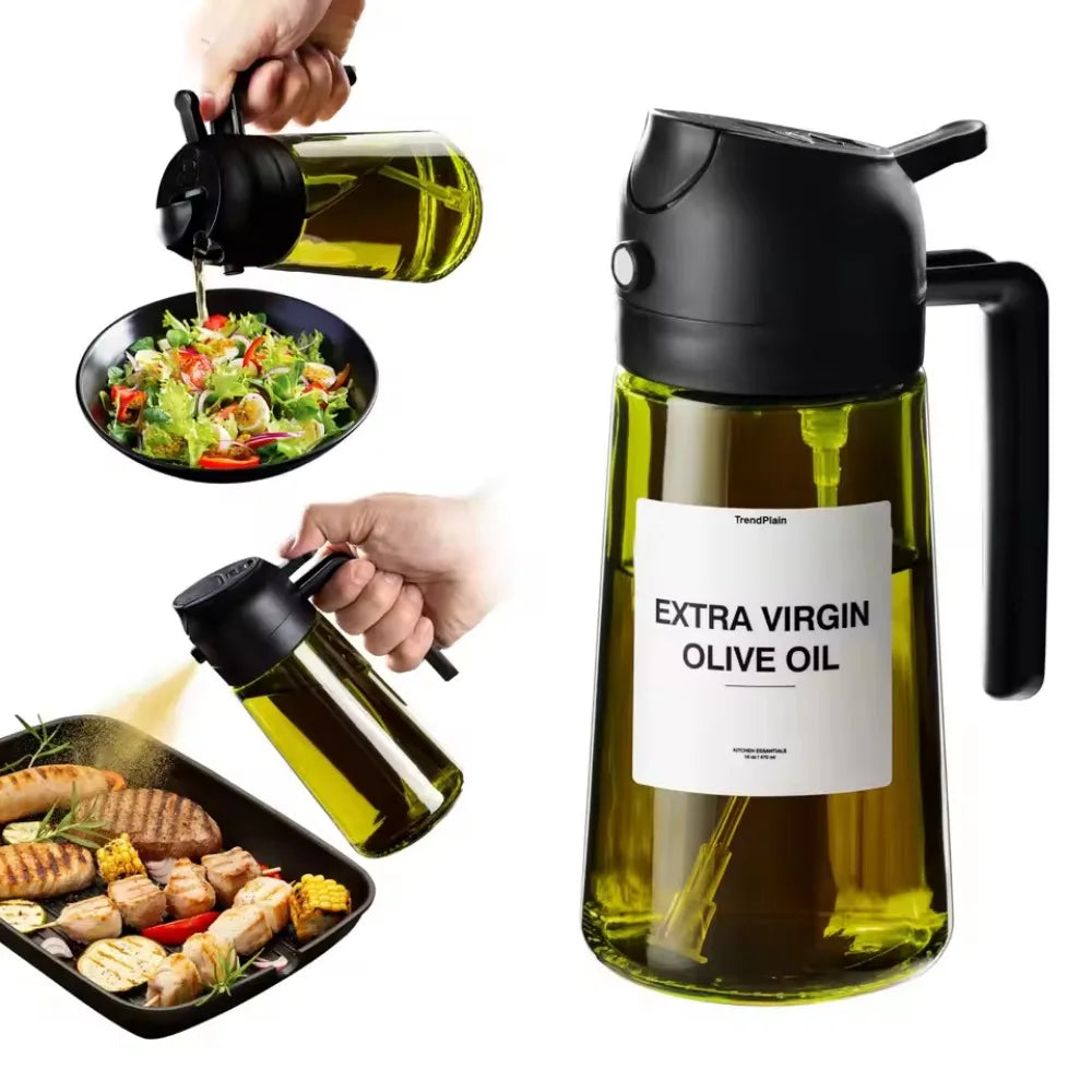 16oz/470ML Lichtundurchlässiger Dunkler Öl-Sprüher für Kochen – 2-in-1 Olivenölspender Flasche aus Dunkelgrünem Glas für die Küche